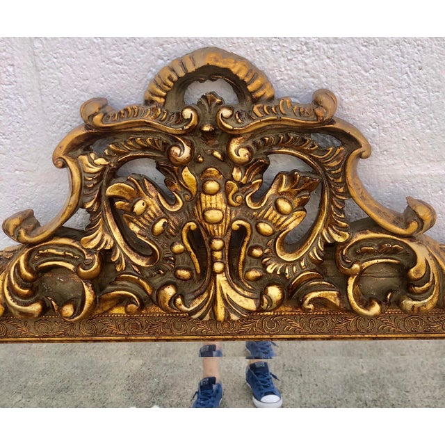French Provincial Large Vintage Mid Century Red Column Gold Gilt Beveled Glass Hanging Wall Mirror For Sale - Image 3 of 11