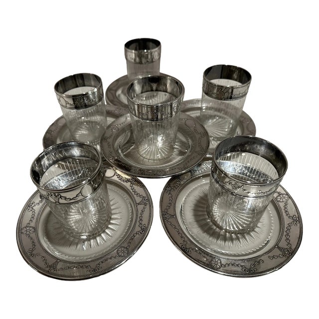 Antique Sterling Silver Plates & Glasses Set for 6- 12 Pieces For Sale