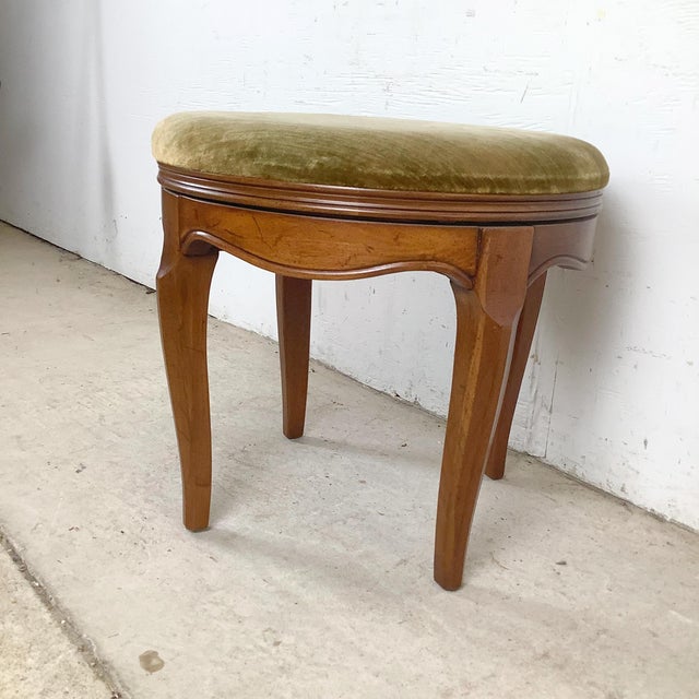 Wood Vintage French Provincial Swivel Stool in Cherry With Sage Velvet, Cabriole Legs, 1950s–1970s For Sale - Image 7 of 12