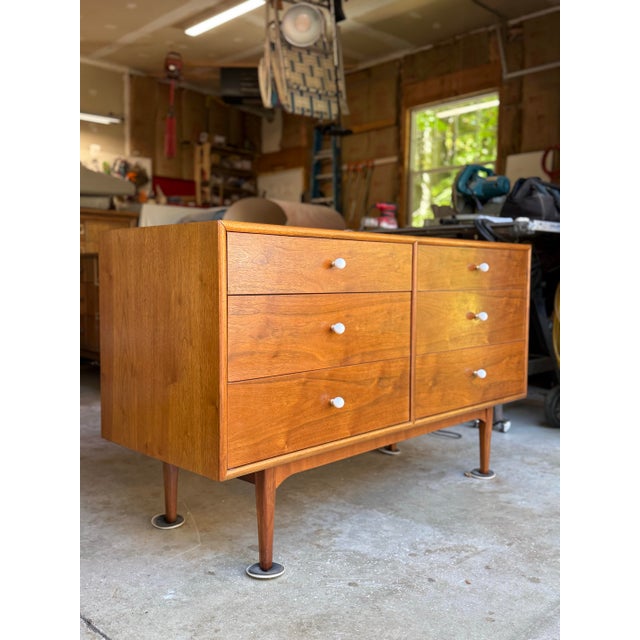 Beautiful Drexel declaration lowboy dresser designed by Kipp Stewart. Porcelain knobs. Beautiful walnut and lacquer...