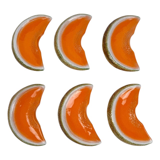 Mid-Century Italian Hand-Painted Majolica Melon Slice Serving Plates, 1960s, Set of 6 For Sale