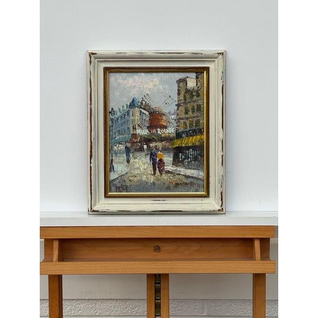 Textile Figures on Parisian Street With Moulin Rouge Paris Sign in Impressionist Style - Shabby Chic Distressed Frame For Sale - Image 7 of 15