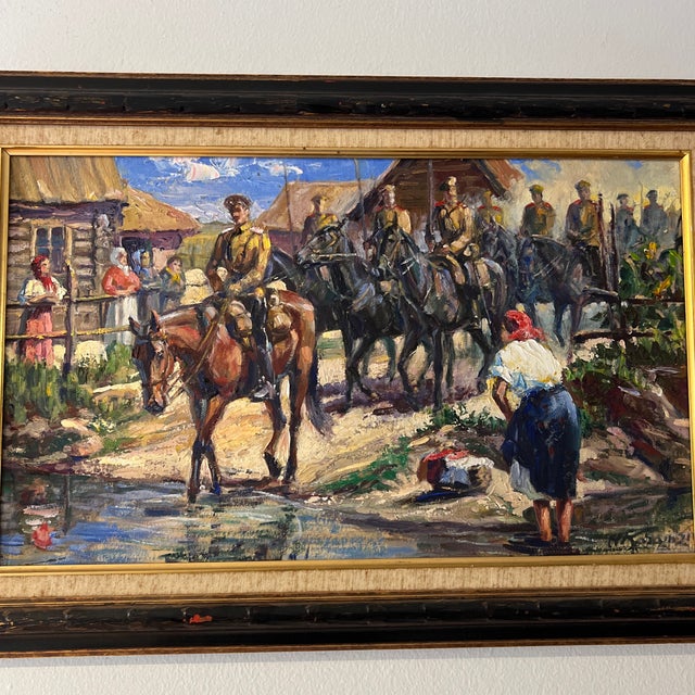 Post Impressionist 20th Century Oil on Canvas Board European School Framed Signed by Aleksandr Karamzin Titled Cossacks Entering Village For Sale - Image 3 of 11
