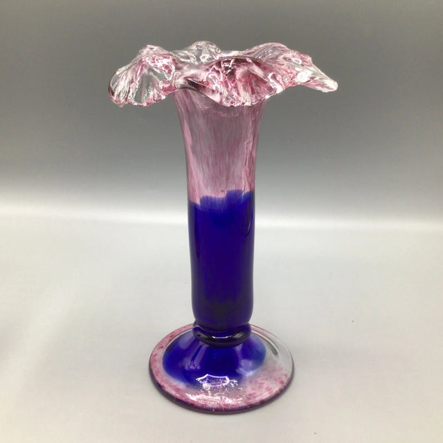 1980s Murano Colbalt Blue With Pink Swirl Floral Studio Art Glass Vases - A Pair For Sale - Image 5 of 12