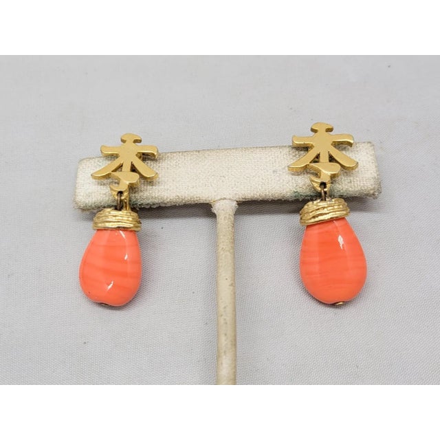 Metal Vintage 1960s Signed Trifari Asian Style Faux-Coral Drop Clip Earrings- 2 Pieces For Sale - Image 7 of 9