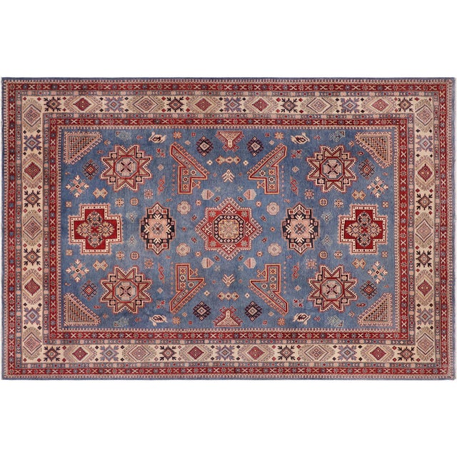 Blue Rustic Kazak Light Blue/Beige Wool Rug - 10'2''x12'10'' For Sale - Image 8 of 10