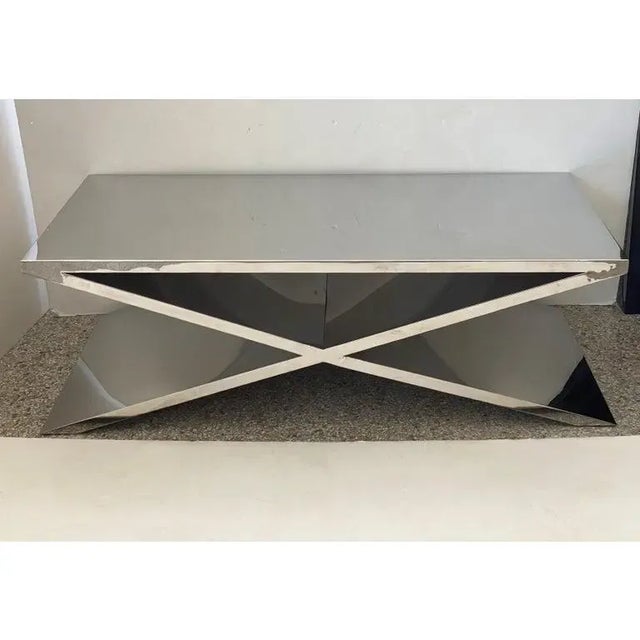 Modern X-Base Cocktail Table Polished Steel For Sale - Image 3 of 13