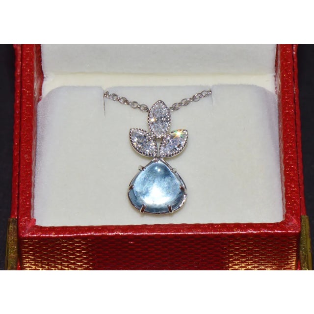 Certified Natural 3.94Cts VS F Diamond Aquamarine 18K Solid Gold Milgrain Pendant Necklace For Sale - Image 9 of 10