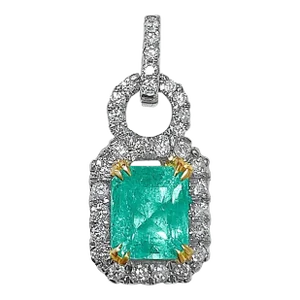Natural Emerald Pendant and Diamond Halo in 18k Solid White Gold