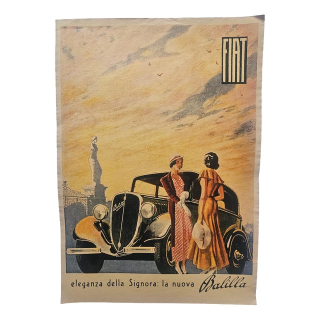 Art Deco Fiat Automobile Advertising Poster, 1930s For Sale