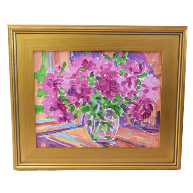 2020s Impressionist Vase Colorful Floral Bouquet Painting Including the Antiqued Gold Wood Frame For Sale - Image 5 of 5