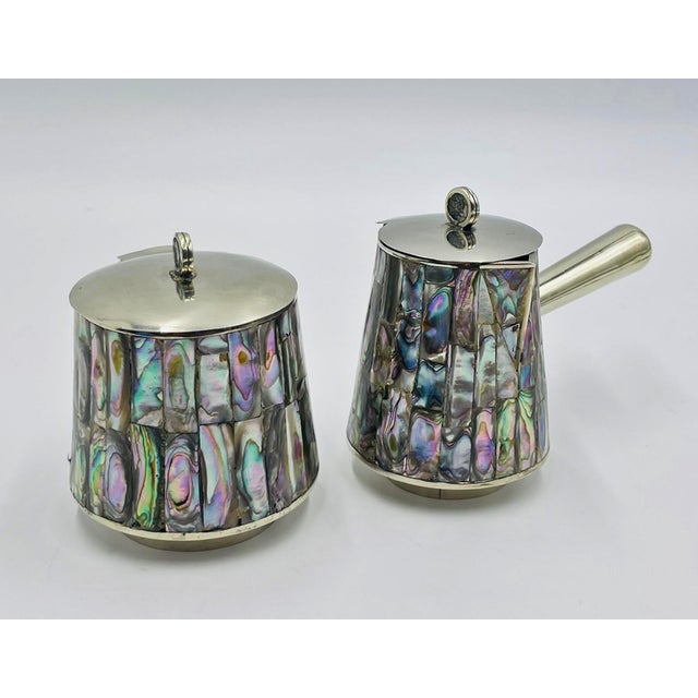 Silver 1960s Mexican Alpaca & Abalone Sugar and Creamer Set, Mexican Modernism, by LHG For Sale - Image 8 of 18