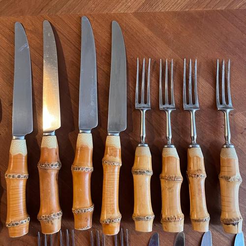 Vintage Bamboo Handled and Stainless Steel Flatware Set from Mills Moore, Set of 24 For Sale - Image 12 of 14