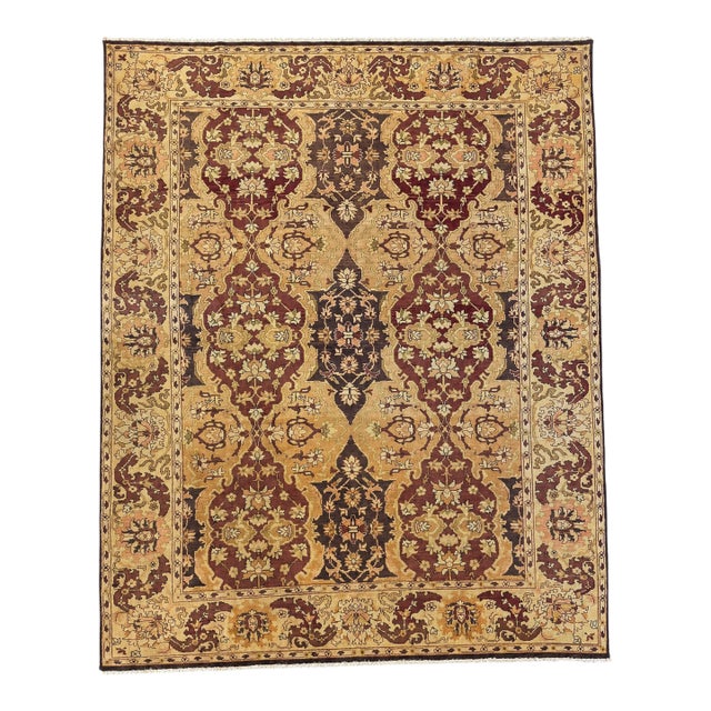 Vintage Sivas Rug 9x12 – Turkish Rug With Floral Lattice Design in Beige, Brown & Maroon For Sale