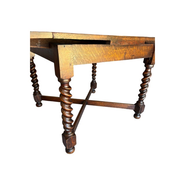 Wood 1930s Solid Oak Quarter Sawn Draw Leaf Barley Twist Dining Table For Sale - Image 7 of 12