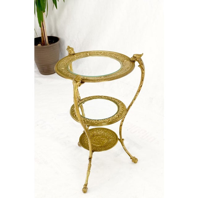 Traditional 3 Tier Solid Cast Brass Glass Top Tri Legged Dragon Motive Stand For Sale - Image 3 of 14