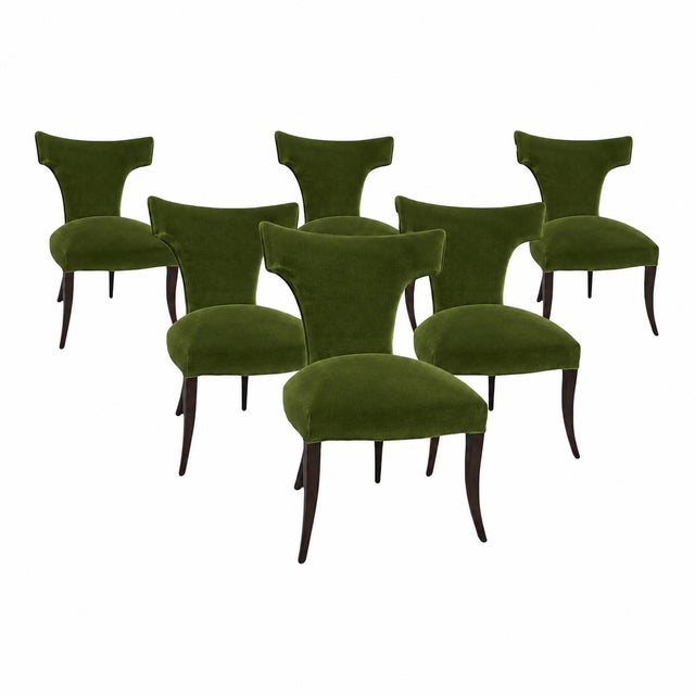 Modern Mid Century Style Klismos Dining Chairs . Green Velvet - Set of 6 For Sale - Image 4 of 5