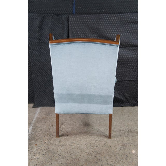 Vintage Queen Anne Style Library Wing Back Chair Light Blue Velvet Fabric For Sale - Image 10 of 11