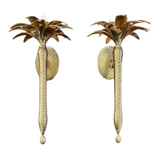 Pair of Vintage Solid Brass Palm Tree Gold Candle Sconces For Sale