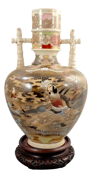 Large Meiji Satsuma Samurai Vase with Bamboo Handles by Kinkozan, 1870s