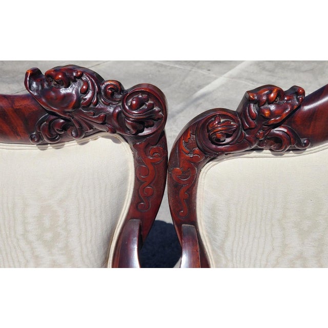 Wood Antique Asian Rosewood Carved Foo Dogs Living Room Suite 3 Piece Sette 2 Chairs For Sale - Image 7 of 17