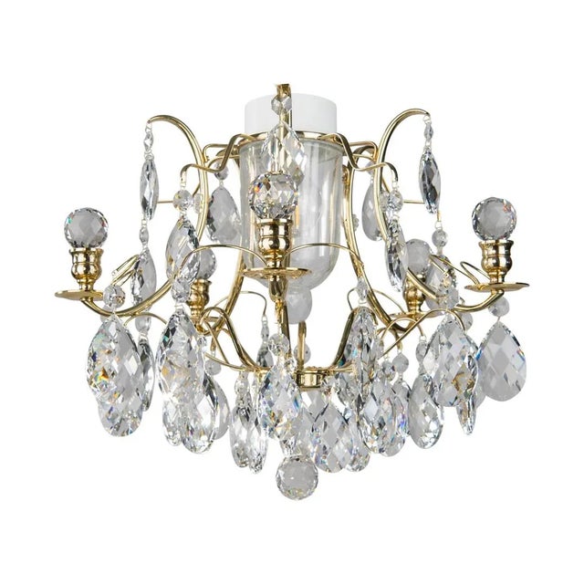Traditional Brass Bathroom Chandelier With Almond Crystals and Obelisques For Sale - Image 3 of 6