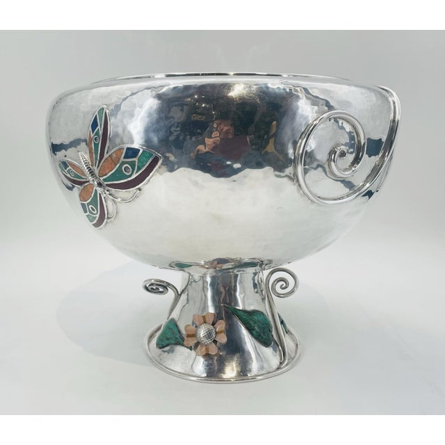 1980s Silver Plate Punch Bowl With Stone Inlay by Emilia Castillo, Mexican Silver For Sale In Los Angeles - Image 6 of 18