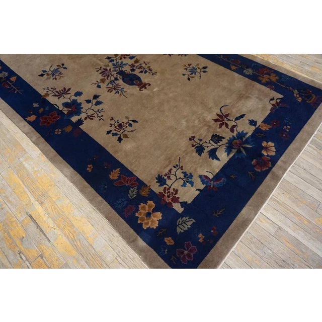 Textile 1920s Tan Sand Floral Vase Antique Chinese Art Deco Carpet 5' X 7'10" Handwoven Wool Rug For Sale - Image 7 of 8