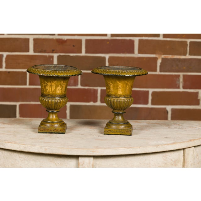 Early 20th Century Pair of Neoclassical Style Iron Planters with Liners and Mythological Figures For Sale - Image 10 of 12