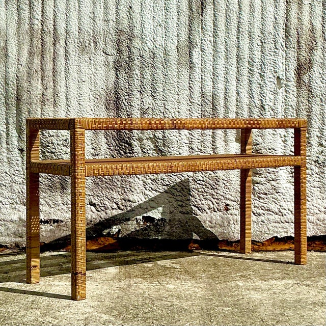 Wood Vintage Coastal Woven Rattan Console Table For Sale - Image 7 of 9
