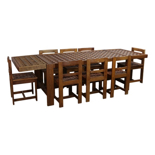 Vintage Oak Dining Table and Chairs, 1950s, Set of 9 For Sale