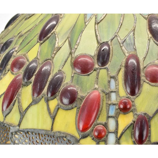 Art Nouveau Vintage Large Tiffany Studios Style Stained Leaded Glass Lamp Shade Dragonfly For Sale - Image 3 of 8