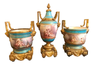 Early 19th Century Antique French Jeweled Sevres Porcelain Urn and Jardinieres - Set of 3