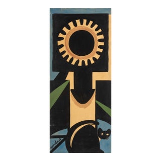 Walter Gaudnek Black Cat Beneath Sun Oil on Canvas For Sale