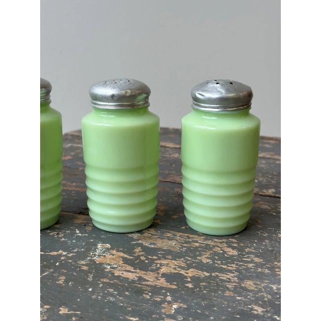 Vintage Jeanette Glass Jadeite Shakers, Set of Four, Circa 1950s For Sale - Image 12 of 14