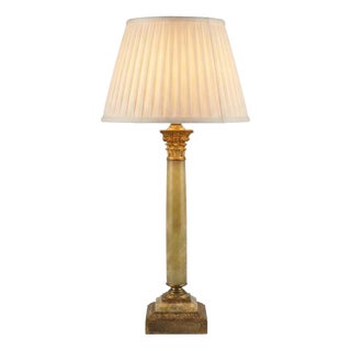 Green Onyx Corinthian Column Table Lamp with Pleated Shade, 1930s For Sale