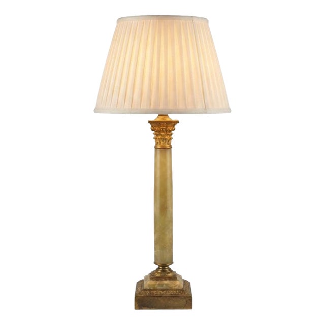 Green Onyx Corinthian Column Table Lamp with Pleated Shade, 1930s For Sale