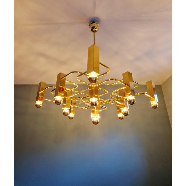 Large Geometric Brass Chandelier by Gaetano Sciolari for Boulanger, 1970s For Sale - Image 17 of 18