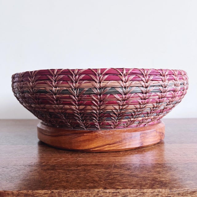 Vintage Woven Pine Needle Basket With Inlaid Petrified Wood For Sale - Image 4 of 6