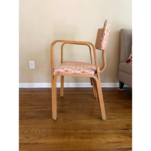Peach Joe Atkinson Designed Thonet Industries Arm Chairs Upholstered in Eames Crosspatch For Sale - Image 8 of 12