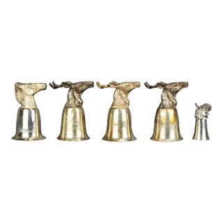 Set of 5 Vintage Silver Stirrup Hunt Cups Goblets With Elk Deer Stag Horse and Elephant Heads in Style of Gucci For Sale