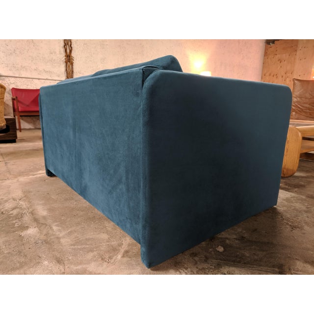 Mid-Century Modern Vintage 1980's Reupholstered Love Seat in Crushed Turquoise Velvet With Rounded Arms For Sale - Image 3 of 9