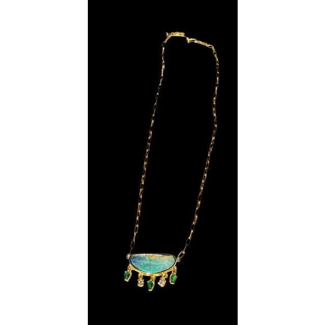 14k Gold Australian Opal Necklace With Emeralds & Diamonds For Sale In New York - Image 6 of 12
