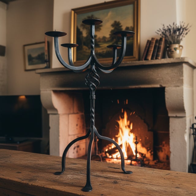 Hand Forged Iron Candelabra 23.5″ (60cm) Antique Copper Finish 5-Arm Grand Banquet Centerpiece & Wedding Decor For Sale - Image 6 of 9