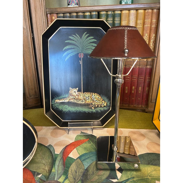 Contemporary Rechargeable Steel Lamp with Leather Lampshade by Borges For Sale - Image 3 of 4