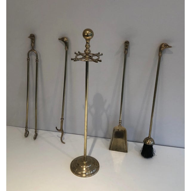 Metal Circa 1970s French Neoclassical-Style Brass Duck Heads Fireplace Tool Set- 5 Pieces For Sale - Image 7 of 13