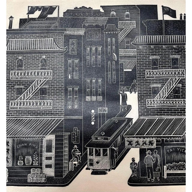 Original 1937 Ray Bethers 'san Francisco's Chinatown' Wood Engraving - Trolley For Sale - Image 11 of 12
