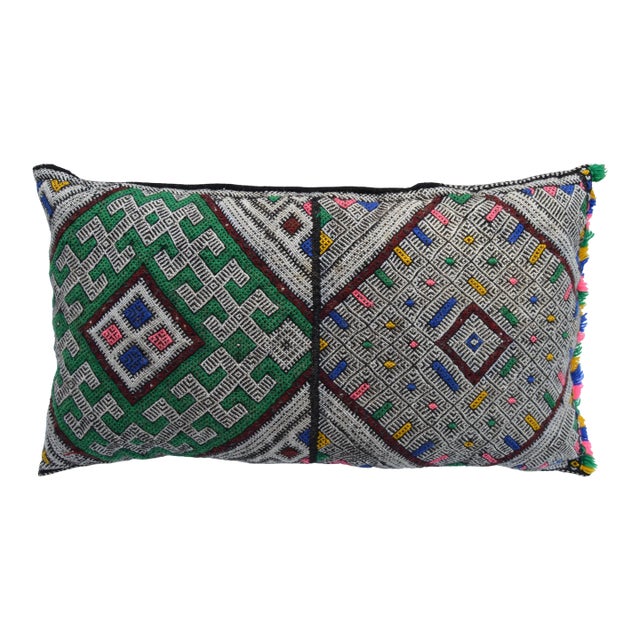 Antique Moroccan Colorful Diamonds Berber Wool Pillow For Sale