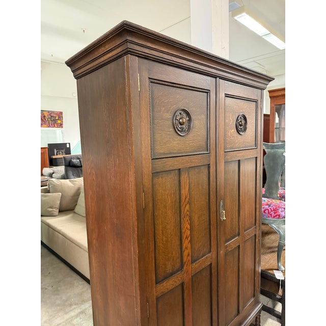 Wood English Arts & Crafts Oak Armoire, Antique For Sale - Image 7 of 12