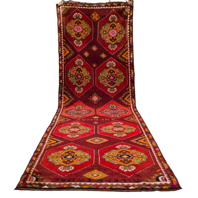 1960s Vintage Hand-Knotted Turkish Area Rug Wide Hallway Rug Gallerie Runner Rug- 3′11″ X 12′6″ For Sale - Image 5 of 16
